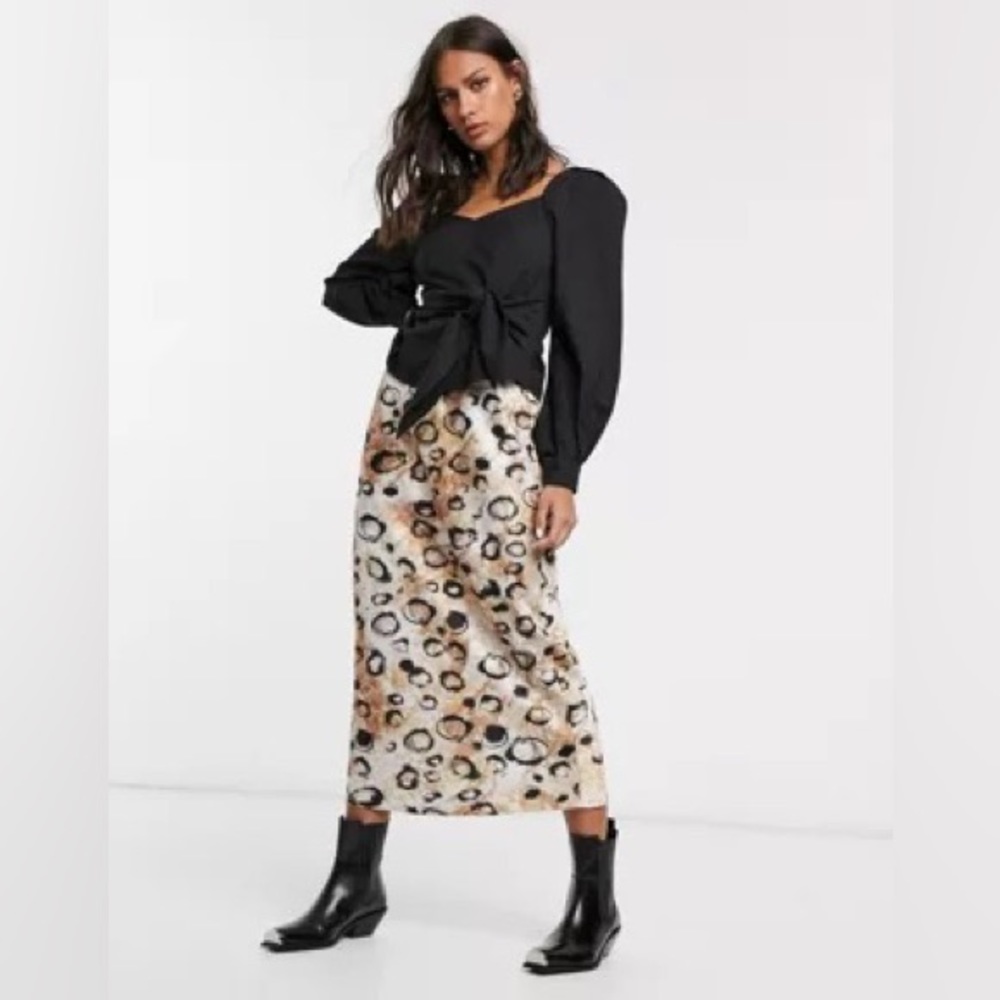 Asos Design Satin Bias MIDI skirt in smudged leopard print